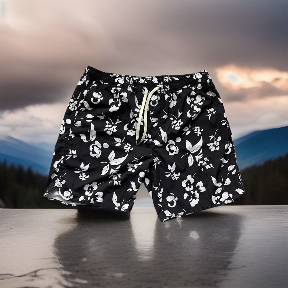 Fair Harbor Men's Lined Swim Trunks Shorts Black White Floral Size XXL